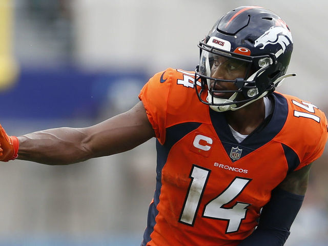 JACKSONVILLE, FL - SEPTEMBER 19: Denver Broncos wide receiver Courtland Sutton (14) during the game between the Denver Broncos and the Jacksonville Jaguars on September 19, 2021 at TIAA Bank Field in Jacksonville, Fl.