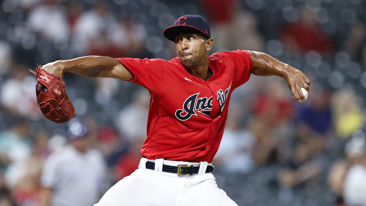 CLEVELAND, OH - SEPTEMBER 20: Anthony Gose #26 of the Cleveland Indians pitches against the Kansas City Royals in the fourth inning during game two of a doubleheader at Progressive Field on September 20, 2021 in Cleveland, Ohio. This is the major league pitching debut for Gose.