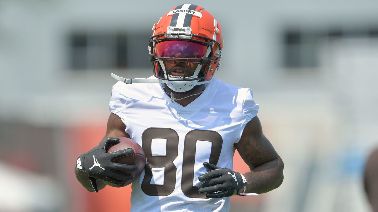 BEREA, OHIO - JULY 28: Wide receiver Jarvis Landry #80 of the Cleveland Browns runs a drill during the first day of Cleveland Browns Training Camp on July 28, 2021 in Berea, Ohio.
