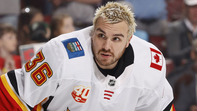 SUNRISE, FL - MARCH 1: Zac Rinaldo #36 of the Calgary Flames warms up prior to the game against the Florida Panthers at the BB&T Center on March 1, 2020 in Sunrise, Florida.