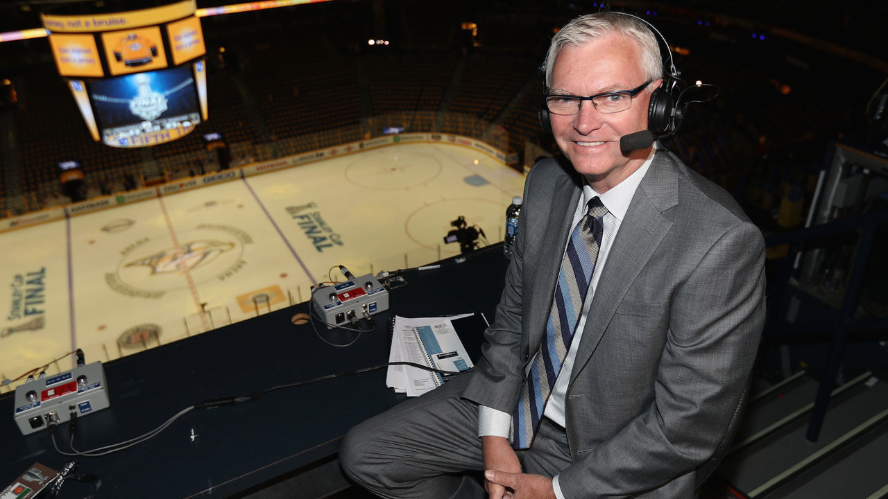 NASHVILLE, TN - JUNE 03: Sportscaster for Hockey Night in Canada and Ambassador for the Canadian Men's Health Foundation, Jim Hughson, poses in the broadcast booth before calling the play-by-play for Game Three of the 2017 NHL Stanley Cup Final between the Pittsburgh Penguins and the Nashville Predators at Bridgestone Arena on June 3, 2017 in Nashville, Tennessee.