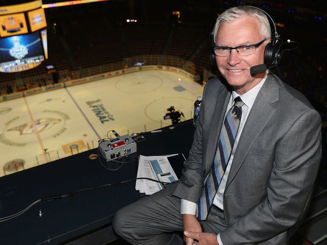 NASHVILLE, TN - JUNE 03: Sportscaster for Hockey Night in Canada and Ambassador for the Canadian Men's Health Foundation, Jim Hughson, poses in the broadcast booth before calling the play-by-play for Game Three of the 2017 NHL Stanley Cup Final between the Pittsburgh Penguins and the Nashville Predators at Bridgestone Arena on June 3, 2017 in Nashville, Tennessee.