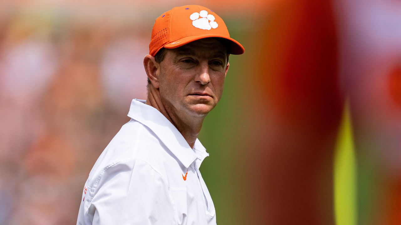 CLEMSON, SOUTH CAROLINA - SEPTEMBER 18: Head coach Dabo Swinney of the Clemson Tigers looks on before their game against the Georgia Tech Yellow Jackets at Clemson Memorial Stadium on September 18, 2021 in Clemson, South Carolina.