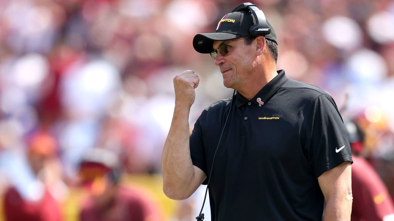 LANDOVER, MARYLAND - SEPTEMBER 12: Head coach Ron Rivera of the Washington Football Team reacts against the Los Angeles Chargers during the second quarter at FedExField on September 12, 2021 in Landover, Maryland.