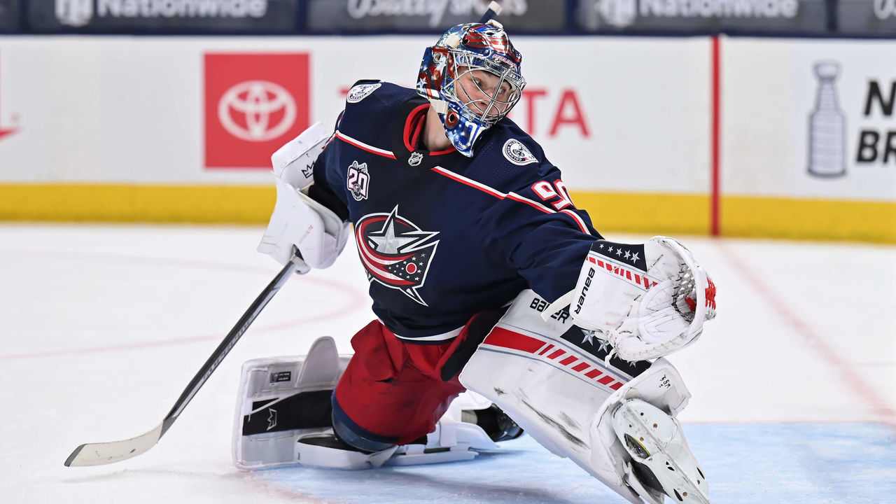 COLUMBUS, OH - MAY 5: Goaltender Elvis Merzlikins #90 of the Columbus Blue Jackets defends the net against the Nashville Predators at Nationwide Arena on May 5, 2021 in Columbus, Ohio.