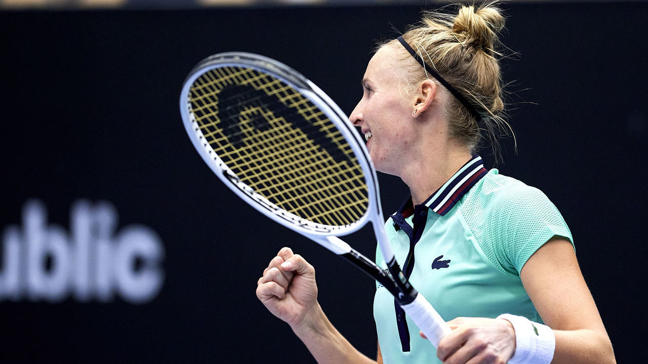 OSTRAVA, CZECH REPUBLIC - SEPTEMBER 21: Jil Teichmann from Switzerland celebrates her victory in Round of 32 Singles match against Angelique Kerber from Germany during Day 2 of the J&T Banka Ostrava Open 2021 on September 21, 2021 in Ostrava, Czech Republic.