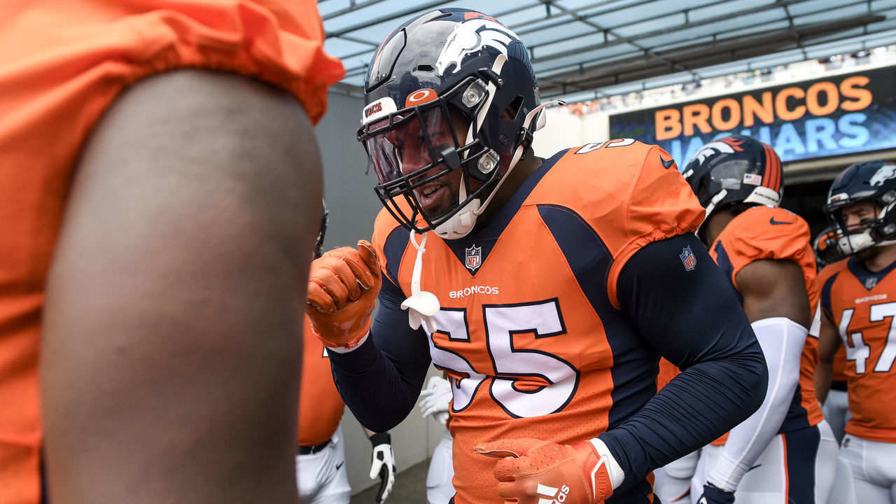 JACKSONVILLE , FL - SEPTEMBER 19: Bradley Chubb (55) of the Denver Broncos before taking the field for the first quarter against the Jacksonville Jaguars at TIAA Bank Field on Sunday, September 19, 2021.