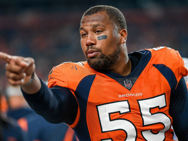 DENVER, COLORADO - AUGUST 28: Bradley Chubb #55 of the Denver Broncos stands in the bench area during an NFL preseason game against the Los Angeles Rams at Empower Field at Mile High on August 28, 2021 in Denver, Colorado.