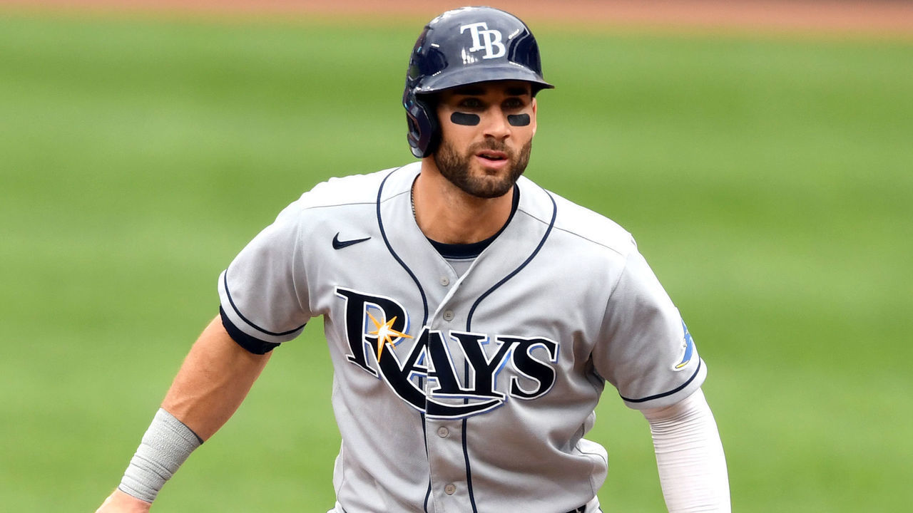 BALTIMORE, MARYLAND - AUGUST 29: Kevin Kiermaier #39 of the Tampa Bay Rays leads off first base during a baseball game against the Baltimore Orioles at Oriole Park at Camden Yards on August 29, 2021 in Baltimore, Maryland.