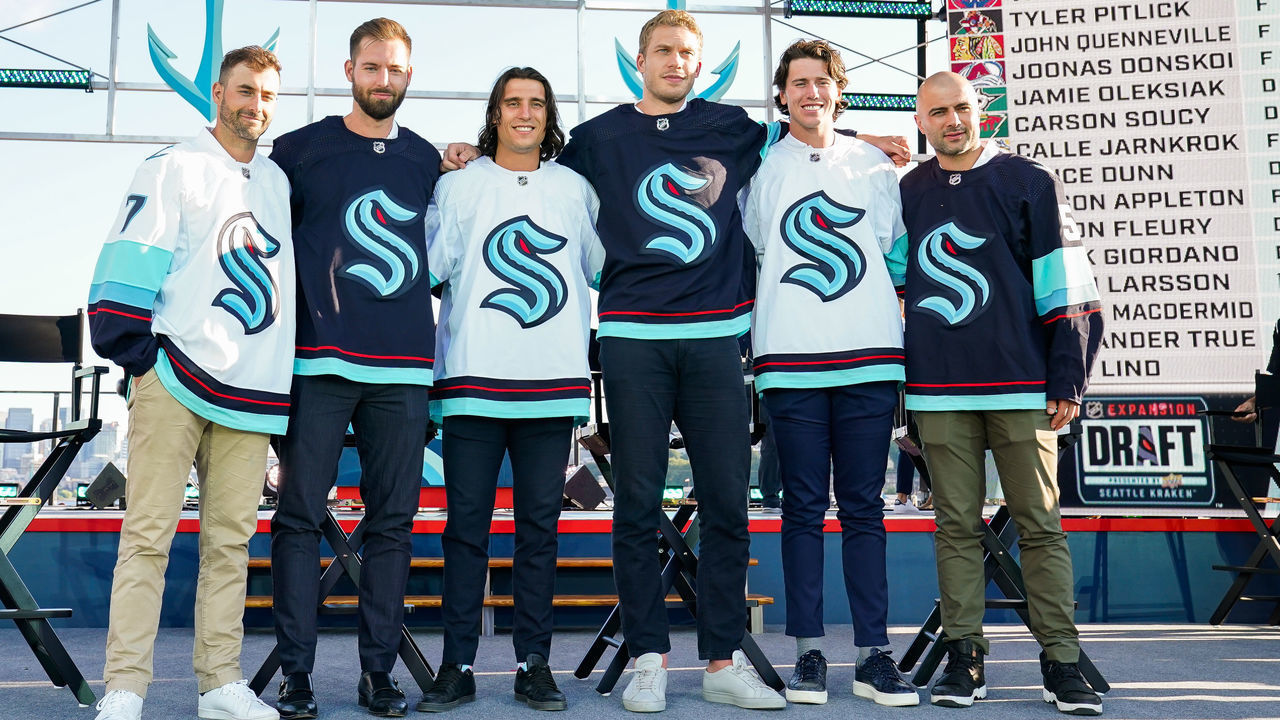 SEATTLE, WASHINGTON - JULY 21: (L-R) Jordan Eberle, Chris Driedger, Brandon Tanev, Jamie Oleksiak, Haydn Fleury and Mark Giordano of the Seattle Kraken pose for photos at the NHL Expansion Draft on July 21, 2021 at Gas Works Park in Seattle, Washington. The Seattle Kraken is the National Hockey League's newest franchise and will begin play in October 2021.