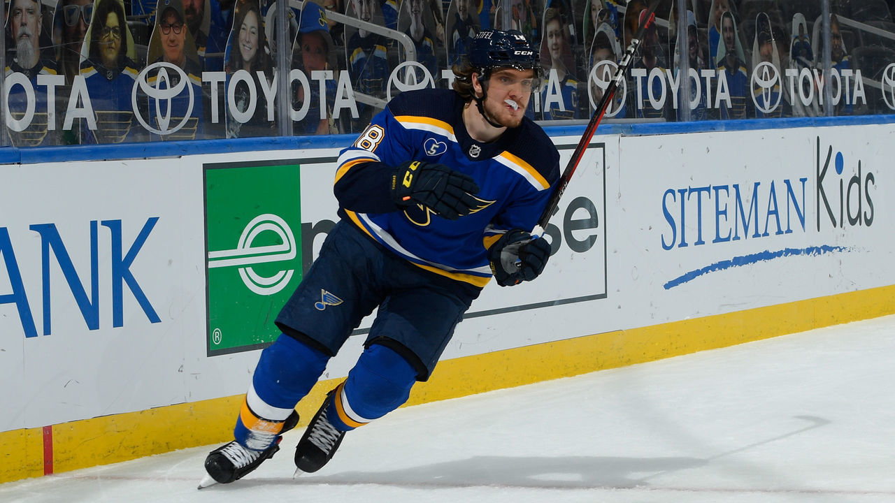 ST. LOUIS, MO - MARCH 26: Robert Thomas #18 of the St. Louis Blues skates against the Anaheim Ducks on March 26, 2021 at the Enterprise Center in St. Louis, Missouri.