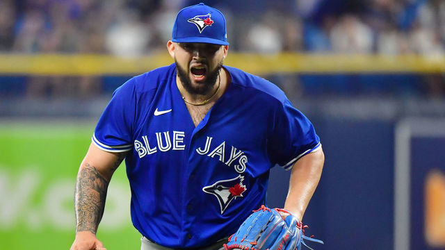 ST PETERSBURG, FLORIDA - SEPTEMBER 21: Alek Manoah #6 of the Toronto Blue Jays reacts after striking out Yandy Diaz of the Tampa Bay Rays to end the second inning at Tropicana Field on September 21, 2021 in St Petersburg, Florida.