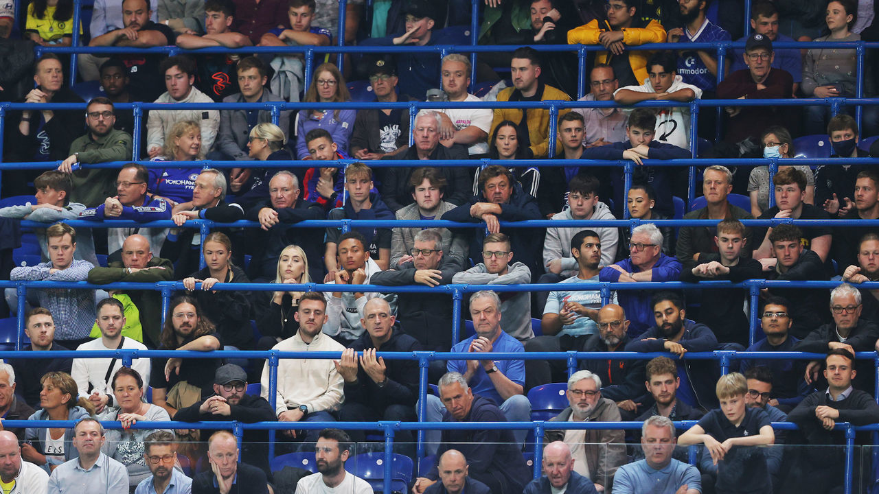 LONDON, ENGLAND - SEPTEMBER 14: Chelsea fans sit in the safe-standing rail seats during the UEFA Champions League group H match between Chelsea FC and Zenit St. Petersburg at Stamford Bridge on September 14, 2021 in London, United Kingdom.