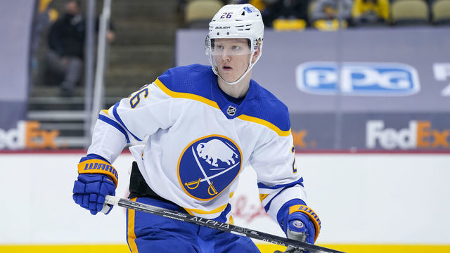 PITTSBURGH, PA - MAY 08: Buffalo Sabres Defenseman Rasmus Dahlin (26) looks on during the third period in the NHL game between the Pittsburgh Penguins and the Buffalo Sabres on May 8, 2021, at PPG Paints Arena in Pittsburgh, PA.