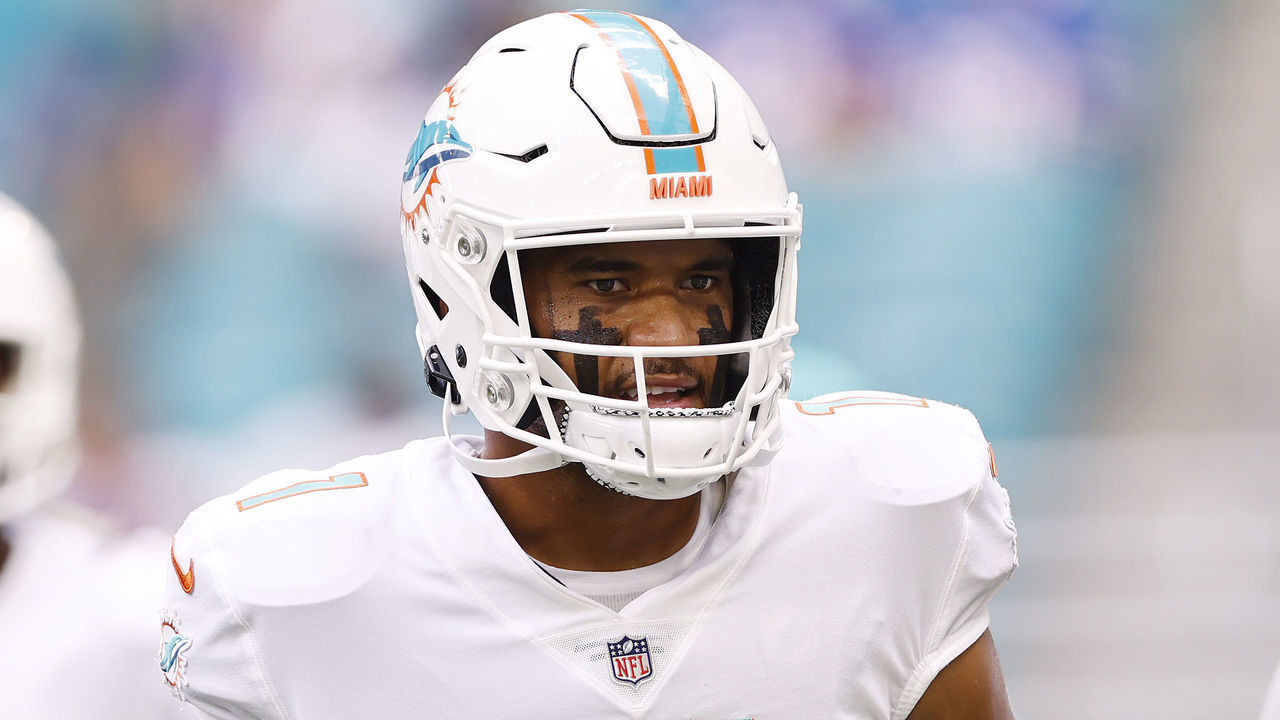 MIAMI GARDENS, FLORIDA - SEPTEMBER 19: Tua Tagovailoa #1 of the Miami Dolphins looks on prior to the game against the Buffalo Bills at Hard Rock Stadium on September 19, 2021 in Miami Gardens, Florida.