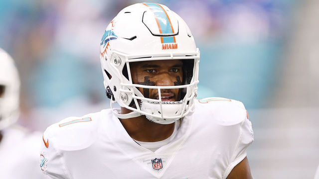 MIAMI GARDENS, FLORIDA - SEPTEMBER 19: Tua Tagovailoa #1 of the Miami Dolphins looks on prior to the game against the Buffalo Bills at Hard Rock Stadium on September 19, 2021 in Miami Gardens, Florida.