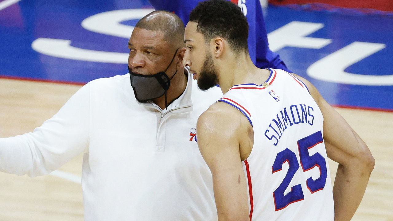 PHILADELPHIA, PENNSYLVANIA - APRIL 28: Head coach Doc Rivers of the Philadelphia 76ers speaks with Ben Simmons #25 during the first quarter against the Atlanta Hawks at Wells Fargo Center on April 28, 2021 in Philadelphia, Pennsylvania.