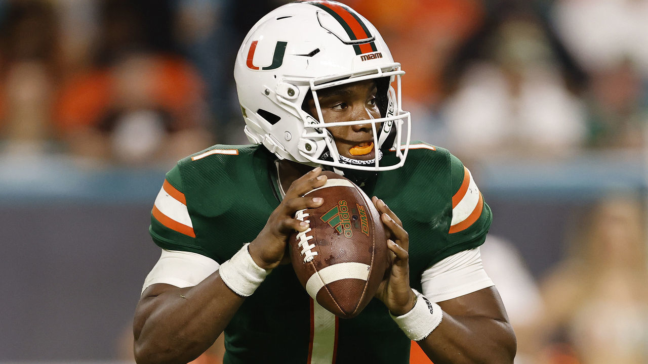 MIAMI GARDENS, FLORIDA - SEPTEMBER 11: D'Eriq King #1 of the Miami Hurricanes looks to pass against the Appalachian State Mountaineers during the fourth quarter at Hard Rock Stadium on September 11, 2021 in Miami Gardens, Florida.