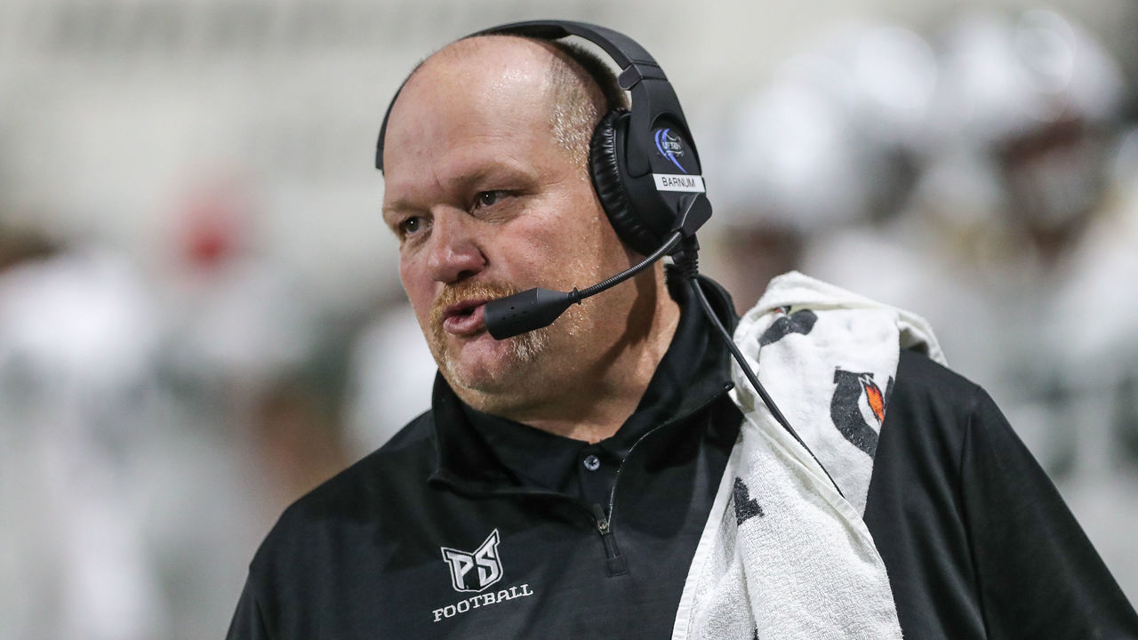 POCATELLO, ID - SEPTEMBER 28: Head Coach Bruce Barnum of the Portland State Vikings talks with his players during second half action against the Idaho State Bengals on September 28, 2019 at Holt Arena in Pocatello, Idaho. Idaho State won the game 51-24.