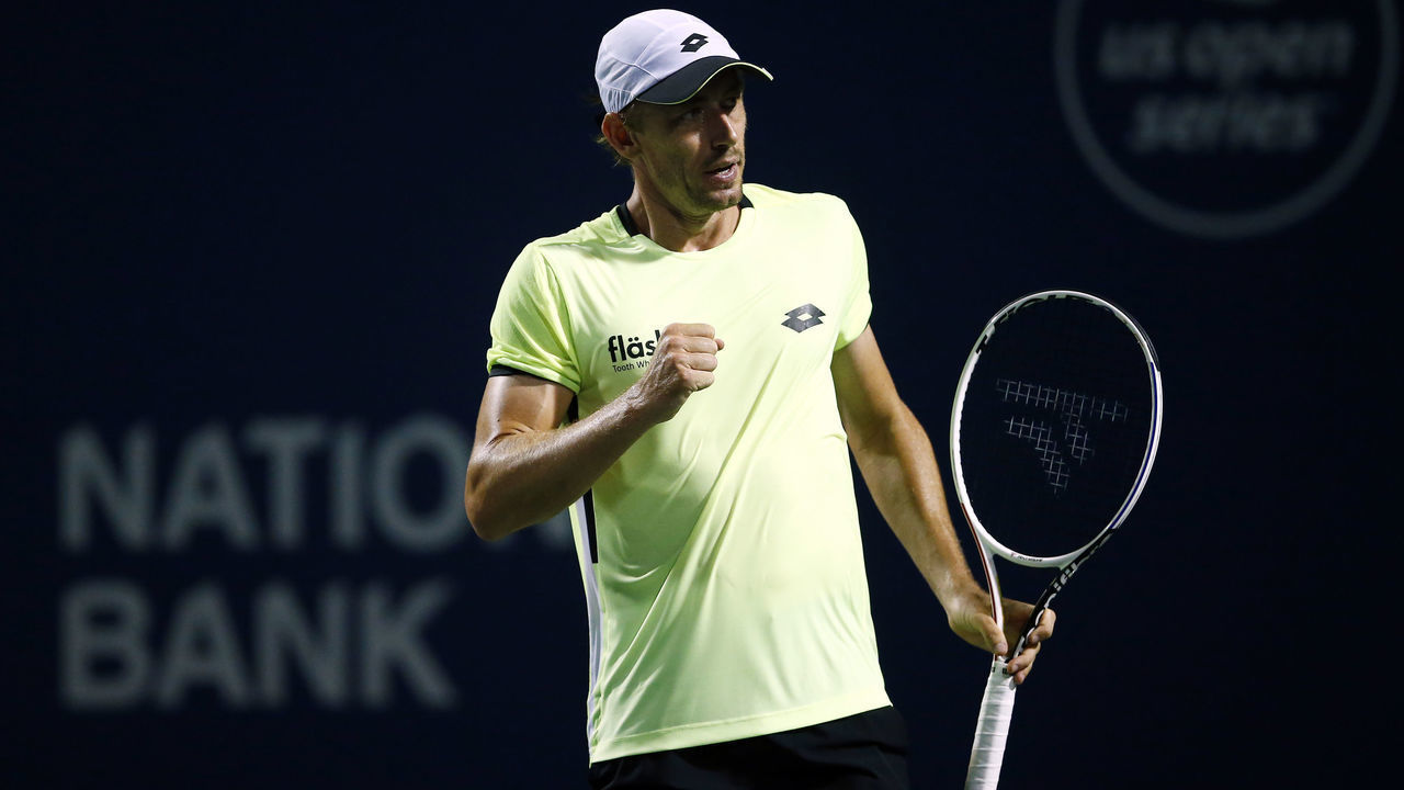 TORONTO, ON - AUGUST 11: John Millman of Australia reacts after winning a point against Gael Monfils of France during the second round on Day Three of the National Bank Open at Aviva Centre on August 11, 2021 in Toronto, Ontario, Canada.
