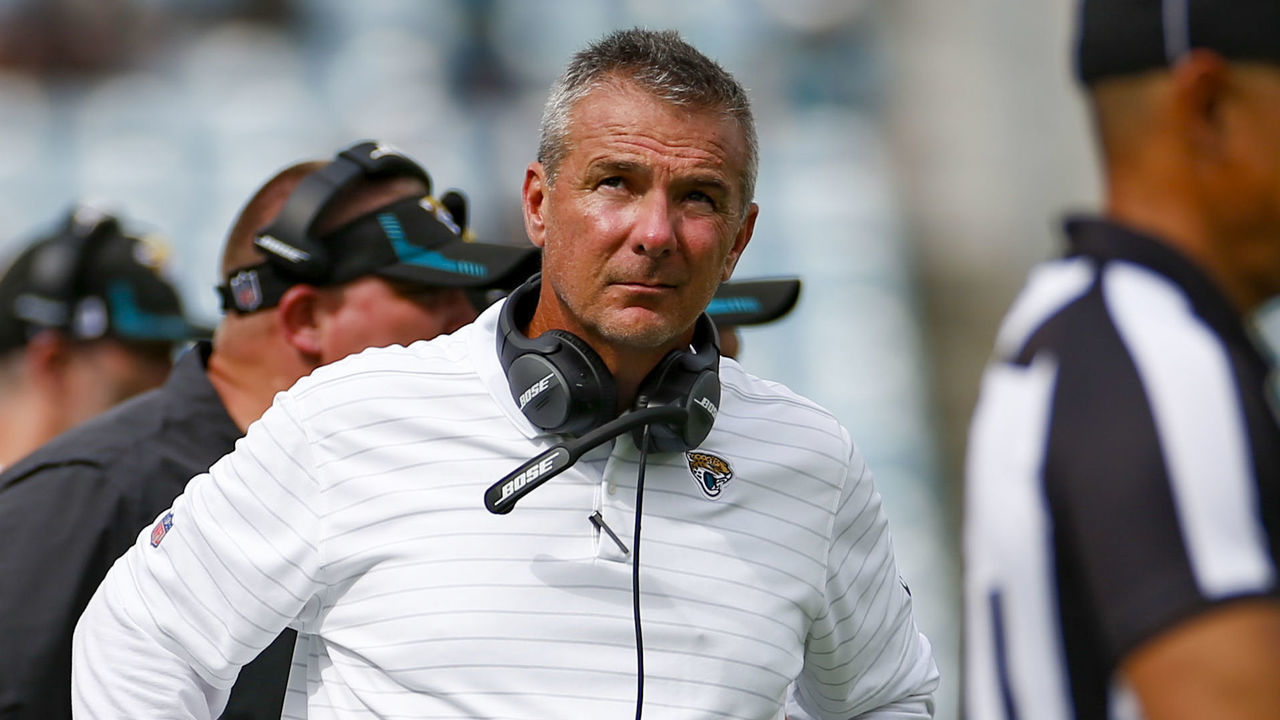 JACKSONVILLE, FL - SEPTEMBER 19: Jacksonville Jaguars head coach Urban Meyer looks on during the game between the Denver Broncos and the Jacksonville Jaguars on September 19, 2021 at TIAA Bank Field in Jacksonville, Fl.