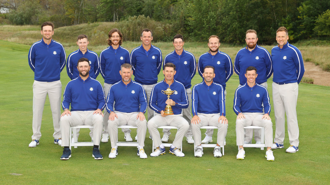 KOHLER, WISCONSIN - SEPTEMBER 21: (Back L-R) Bernd Wiesberger of Austria and team Europe, Matthew Fitzpatrick of England and team Europe, Tommy Fleetwood of England and team Europe, Paul Casey of England and team Europe, Viktor Hovland of Norway and team Europe, Tyrrell Hatton of England and team Europe, Shane Lowry of Ireland and team Europe, Ian Poulter of England and team Europe, (Front L-R) Jon Rahm of Spain and team Europe, Lee Westwood of England and team Europe, captain Padraig Harrington of Ireland and team Europe, Sergio Garcia of Spain and team Europe, and Rory McIlroy of Northern Ireland and team Europe pose for a team photo prior to the 43rd Ryder Cup at Whistling Straits on September 21, 2021 in Kohler, Wisconsin.