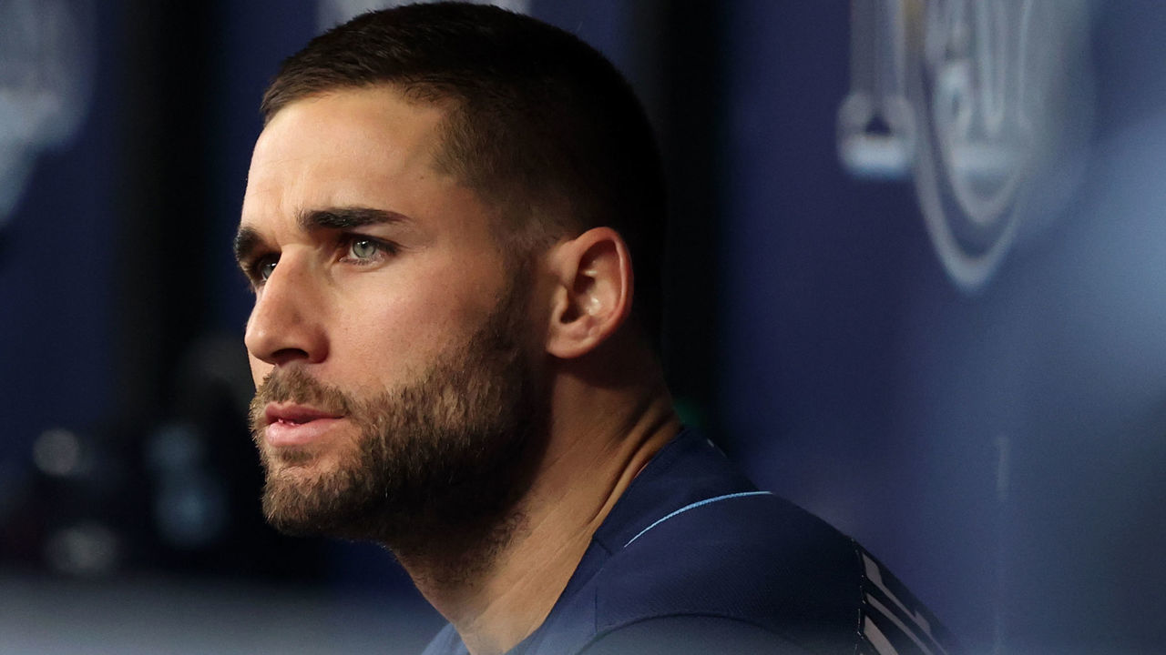 TAMPA, FL - SEPTEMBER 22: Kevin Kiermaier #39 of the Tampa Bay Rays looks on from the dugout before the game between the Toronto Blue Jays and the Tampa Bay Rays at Tropicana Field on Wednesday, September 22, 2021 in Tampa, Florida.