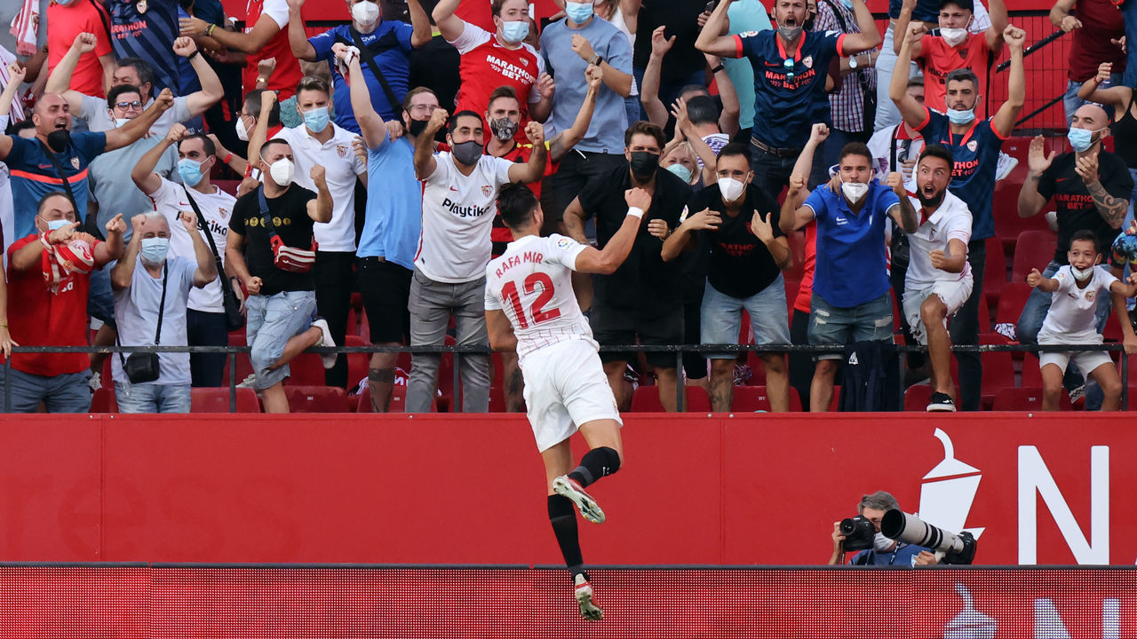 Rafa Mir of Sevilla CF celebrate a goal during the La Liga Santader match between Sevilla CF and Valencia CF at Ramon Sanchez Pizjuan in Seville, Spain, on September 22, 2021.