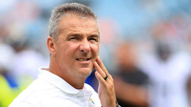 JACKSONVILLE, FLORIDA - SEPTEMBER 19: Head coach Urban Meyer of the Jacksonville Jaguars watches warmups during the game at TIAA Bank Field on September 19, 2021 in Jacksonville, Florida.