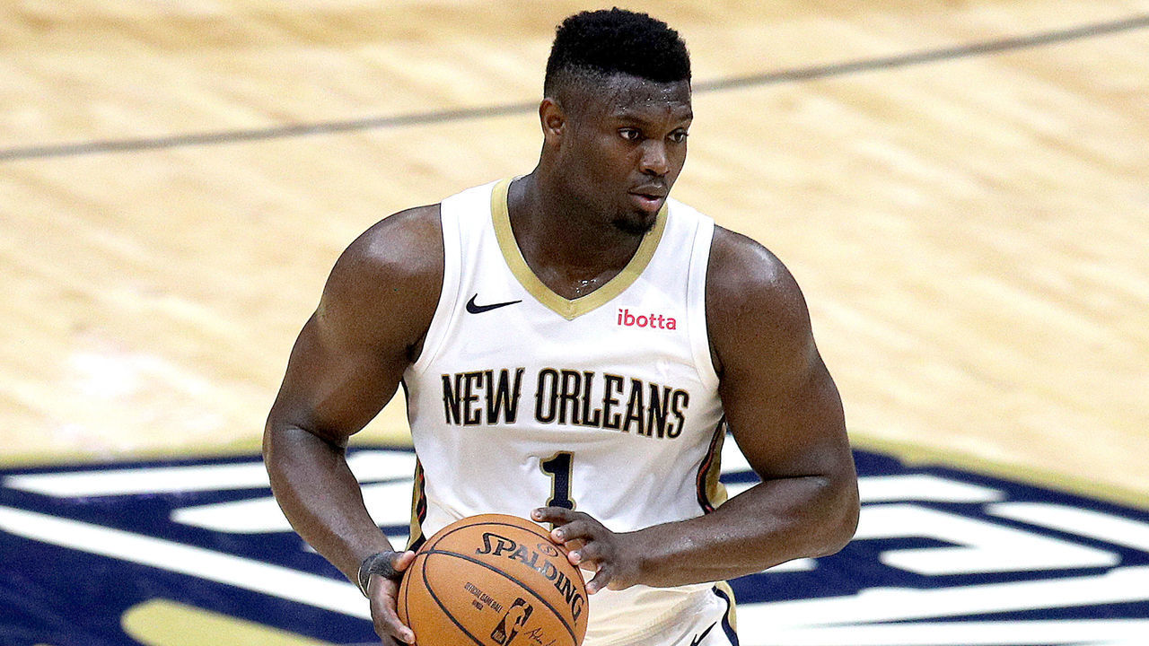 NEW ORLEANS, LOUISIANA - APRIL 26: Zion Williamson #1 of the New Orleans Pelicans dribbles the ball down court during the fourth quarter of an NBA game against the LA Clippers at Smoothie King Center on April 26, 2021 in New Orleans, Louisiana.