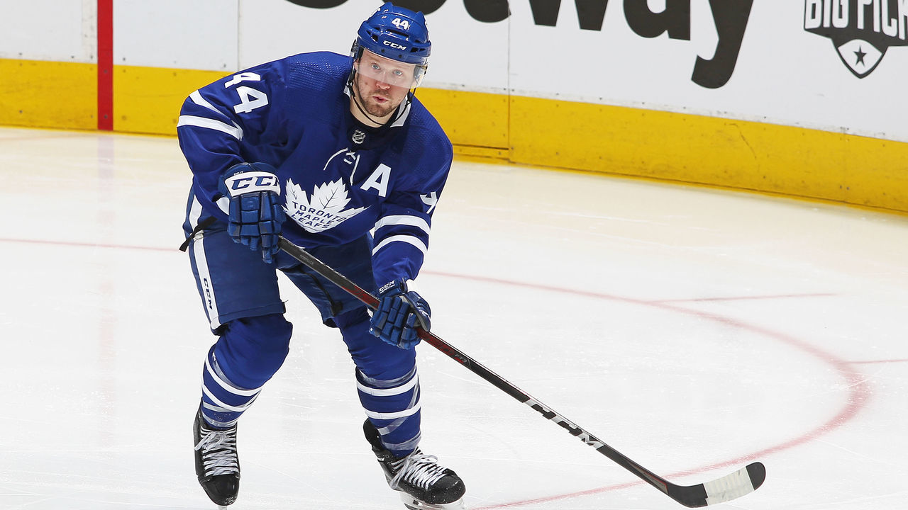 TORONTO, ON - MAY 22: Morgan Rielly #44 of the Toronto Maple Leafs skates against the Montreal Canadiens in Game Two of the First Round of the 2021 Stanley Cup Playoffs at Scotiabank Arena on May 22, 2021 in Toronto, Ontario, Canada. The Maple Leafs defeated the Canadiens 5-1.