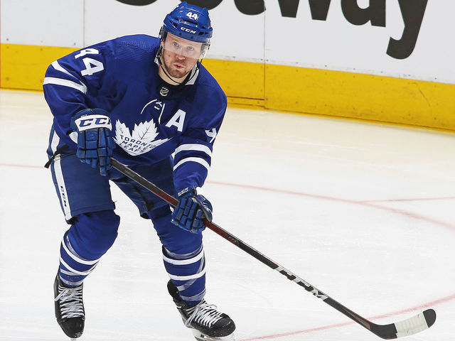 TORONTO, ON - MAY 22: Morgan Rielly #44 of the Toronto Maple Leafs skates against the Montreal Canadiens in Game Two of the First Round of the 2021 Stanley Cup Playoffs at Scotiabank Arena on May 22, 2021 in Toronto, Ontario, Canada. The Maple Leafs defeated the Canadiens 5-1.