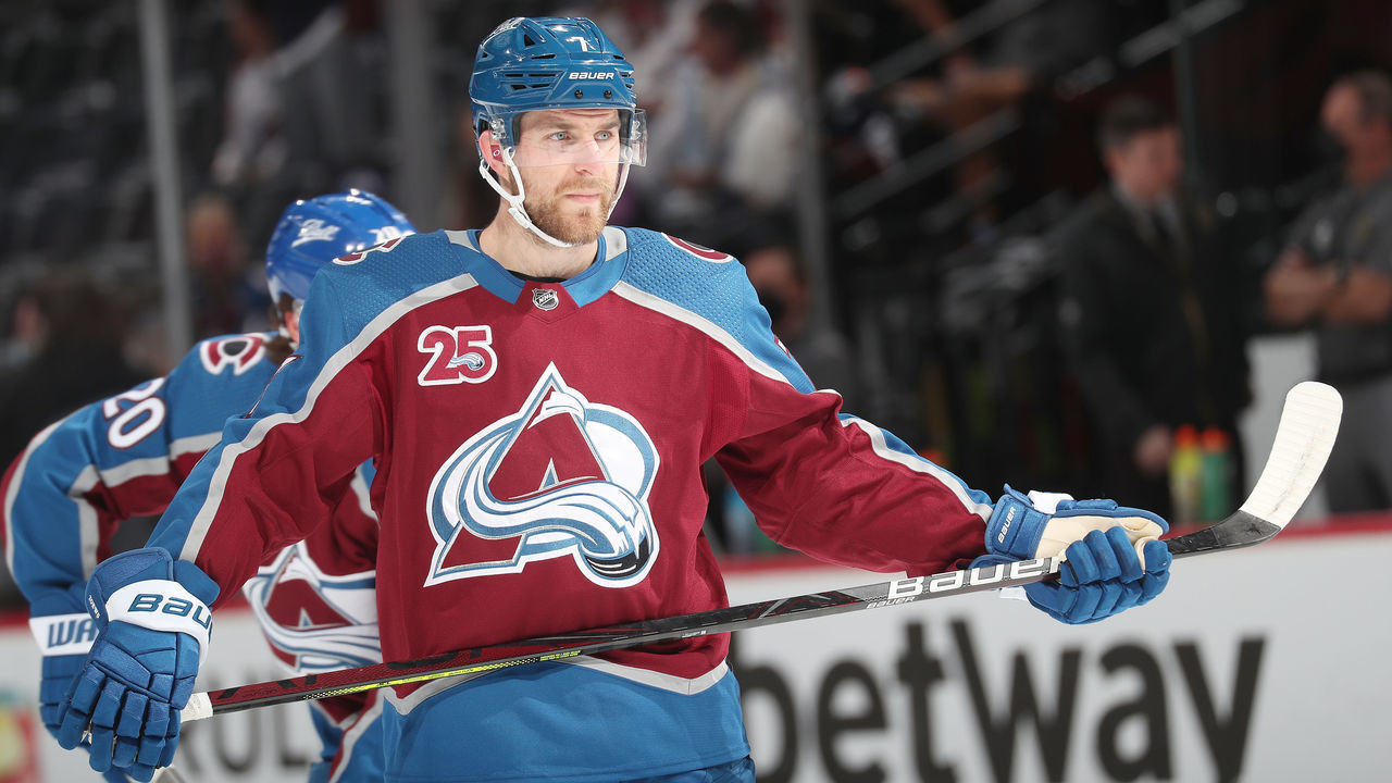 DENVER, COLORADO - JUNE 02: Devon Toews #7 of the Colorado Avalanche skates prior to the game against the Vegas Golden Knights in Game Two of the Second Round of the 2021 Stanley Cup Playoffs at Ball Arena on June 02, 2021 in Denver, Colorado.