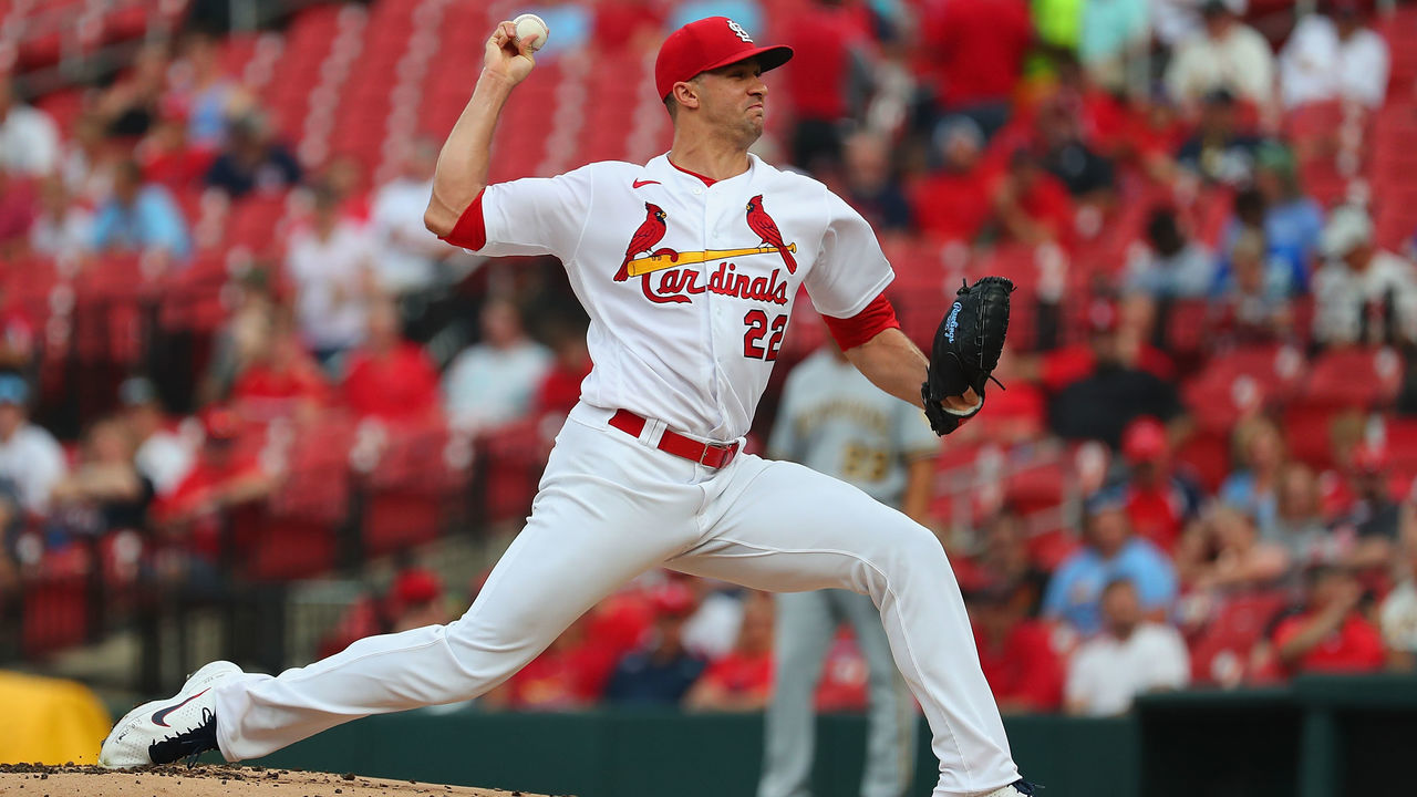 ST LOUIS, MO - AUGUST 18: Jack Flaherty #22 of the St. Louis Cardinals delivers a pitch against the Milwaukee Brewers in the first inning at Busch Stadium on August 18, 2021 in St Louis, Missouri.