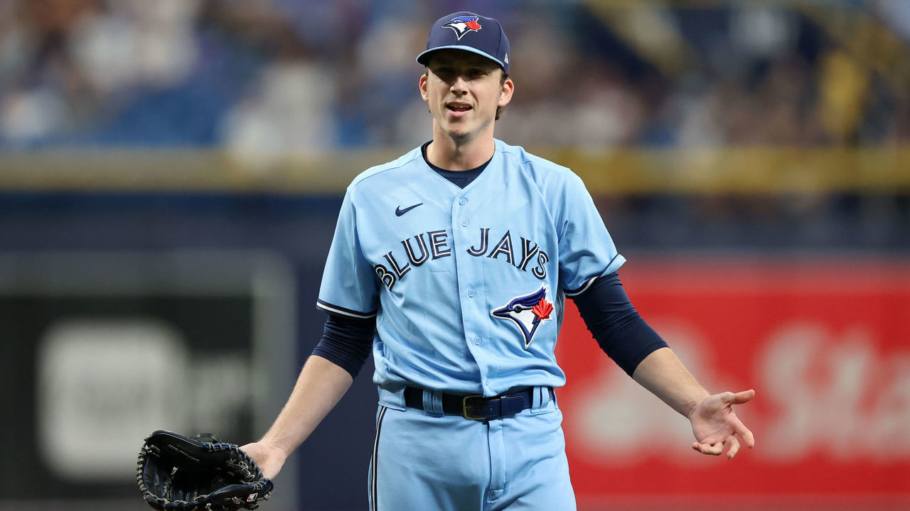 TAMPA, FL - SEPTEMBER 22: Ryan Borucki #56 of the Toronto Blue Jays react after hitting Kevin Kiermaier #39 of the Tampa Bay Rays with a pitch in the eighth inning during the game at Tropicana Field on Wednesday, September 22, 2021 in Tampa, Florida.