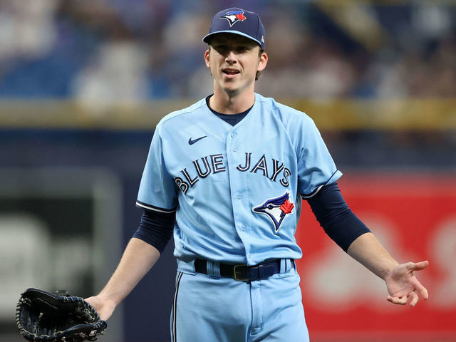 TAMPA, FL - SEPTEMBER 22: Ryan Borucki #56 of the Toronto Blue Jays react after hitting Kevin Kiermaier #39 of the Tampa Bay Rays with a pitch in the eighth inning during the game at Tropicana Field on Wednesday, September 22, 2021 in Tampa, Florida.