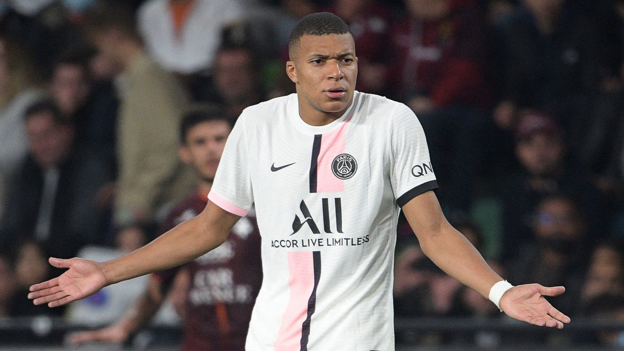 Paris Saint-Germain's French forward Kylian Mbappe reacts during the French L1 football match between FC Metz and Paris Saint-Germain (PSG) at the Saint-Symphorien Stadium in Longeville-les-Metz, eastern France, on September 22, 2021.