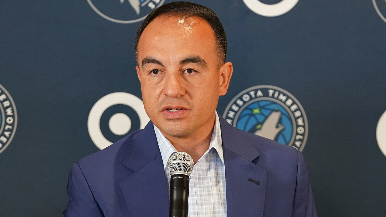 MINNEAPOLIS, MN - SEPTEMBER 15: President of basketball operations of the Minnesota Timberwolves, Gersson Rosas talks to the media during an introductory press conference on September 15, 2021 at the Target Center in Minneapolis, Minnesota. NOTE TO USER: User expressly acknowledges and agrees that, by downloading and/or using this photograph, user is consenting to the terms and conditions of the Getty Images License Agreement. Mandatory Copyright Notice: Copyright 2021 NBAE