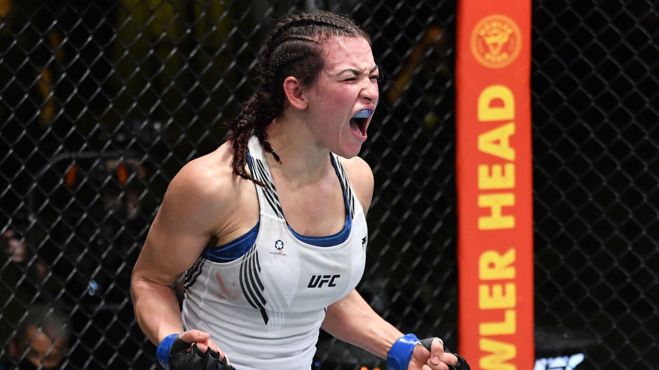 LAS VEGAS, NEVADA - JULY 17: Miesha Tate reacts after her victory over Marion Reneau in their bantamweight bout during the UFC Fight Night event at UFC APEX on July 17, 2021 in Las Vegas, Nevada.