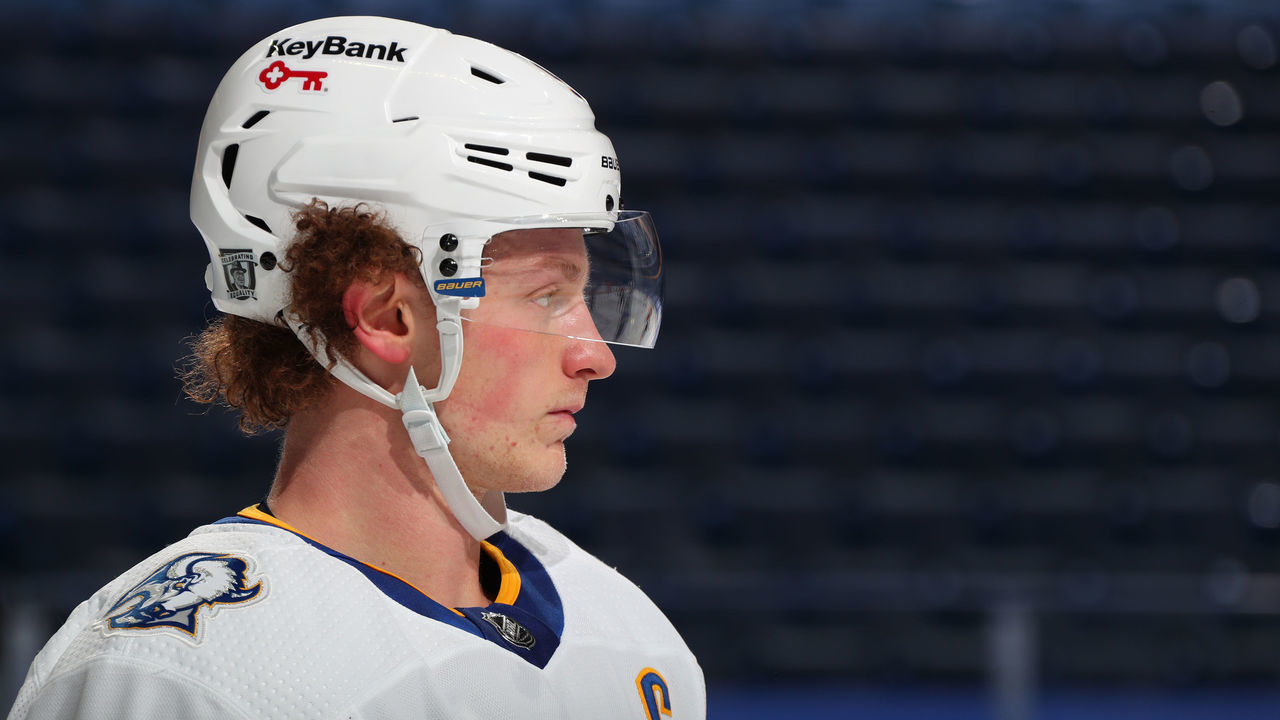 BUFFALO, NY - FEBRUARY 28: Jack Eichel #9 of the Buffalo Sabres prepares for a faceoff against the Philadelphia Flyers during an NHL game on February 28, 2021 at KeyBank Center in Buffalo, New York. The Flyers won, 3-0.