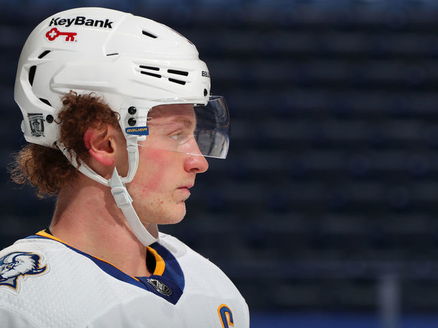BUFFALO, NY - FEBRUARY 28: Jack Eichel #9 of the Buffalo Sabres prepares for a faceoff against the Philadelphia Flyers during an NHL game on February 28, 2021 at KeyBank Center in Buffalo, New York. The Flyers won, 3-0.