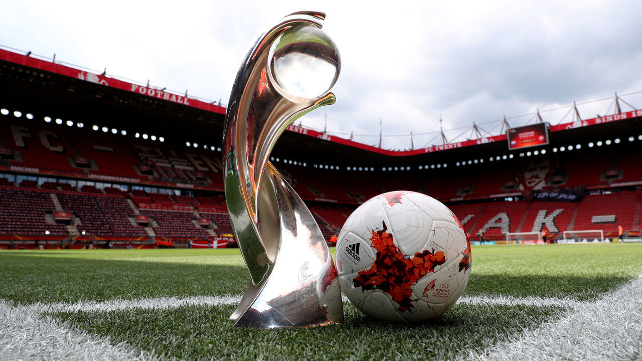 ENSCHEDE, NETHERLANDS - AUGUST 06: The trophy and the match ball are seen on the pitch prior to the Final of the UEFA Women's Euro 2017 between Netherlands v Denmark at FC Twente Stadium on August 6, 2017 in Enschede, Netherlands.