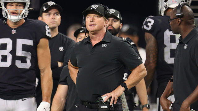 LAS VEGAS, NEVADA - SEPTEMBER 13: Head coach Jon Gruden of the Las Vegas Raiders watches from the sidelines during the NFL game against the Baltimore Ravens at Allegiant Stadium on September 13, 2021 in Las Vegas, Nevada. The Raiders defeated the Ravens 33-27 in overtime.