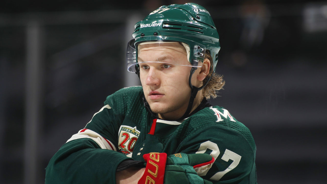 SAINT PAUL, MN - MAY 5: Kirill Kaprizov #97 of the Minnesota Wild waits for play to resume during the game against the Vegas Golden Knights at the Xcel Energy Center on May 5, 2021 in Saint Paul, Minnesota.