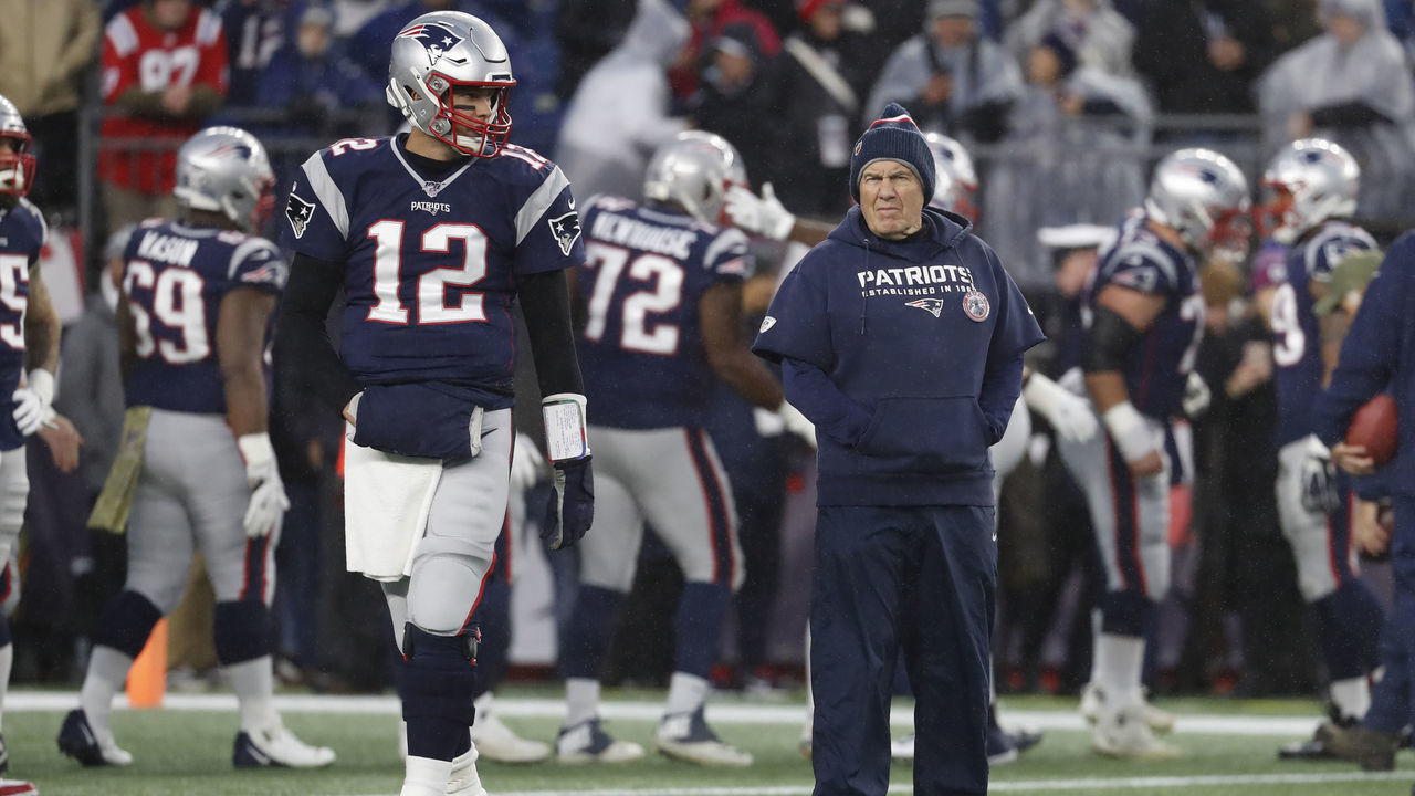 FOXBOROUGH, MA - NOVEMBER 24: New England Patriots quarterback Tom Brady (12) and New England Patriots head coach Bill Belichick during warm up before a game between the New England Patriots and the Dallas Cowboys on November 24, 2019, at Gillette Stadium in Foxborough, Massachusetts.