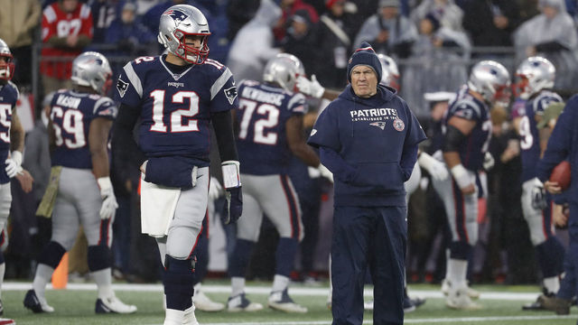 FOXBOROUGH, MA - NOVEMBER 24: New England Patriots quarterback Tom Brady (12) and New England Patriots head coach Bill Belichick during warm up before a game between the New England Patriots and the Dallas Cowboys on November 24, 2019, at Gillette Stadium in Foxborough, Massachusetts.