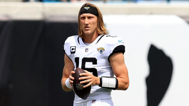 JACKSONVILLE, FLORIDA - SEPTEMBER 19: Trevor Lawrence #16 of the Jacksonville Jaguars warms up prior to the game against the Denver Broncos at TIAA Bank Field on September 19, 2021 in Jacksonville, Florida.