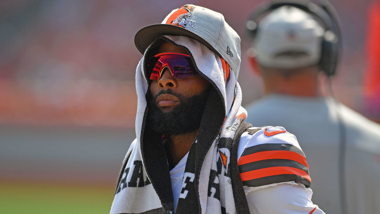 CLEVELAND, OHIO - AUGUST 22: Wide receiver Odell Beckham Jr. #13 of the Cleveland Browns watches from the sidelines during the fourth quarter against the New York Giants at FirstEnergy Stadium on August 22, 2021 in Cleveland, Ohio. The Browns defeated the Giants 17-13.