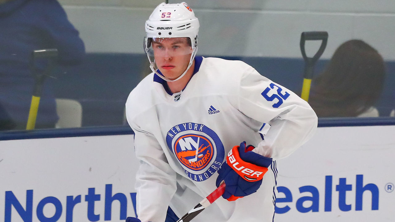 EAST MEADOW, NY - JUNE 28: New York Islanders Defenseman Bode Wilde (52) skates during New York Islanders Mini Camp and the Blue and White Scrimmage on June 28, 2018, at Northwell Health Ice Center in East Meadow, NY.