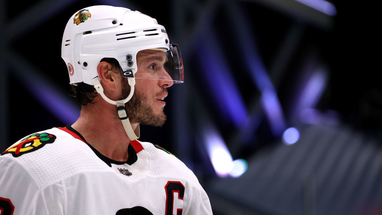 EDMONTON, ALBERTA - AUGUST 18: Jonathan Toews #19 of the Chicago Blackhawks looks on while playing against the Vegas Golden Knights during the second period of Game Five of the Western Conference First Round of the 2020 NHL Stanley Cup Playoff at Rogers Place on August 18, 2020 in Edmonton, Alberta.